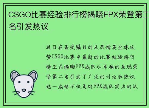 CSGO比赛经验排行榜揭晓FPX荣登第二名引发热议