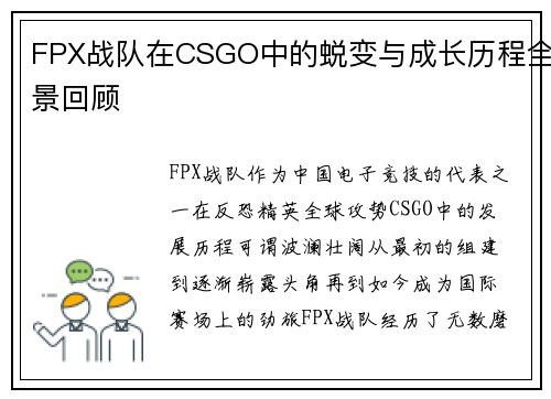 FPX战队在CSGO中的蜕变与成长历程全景回顾
