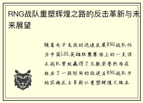 RNG战队重塑辉煌之路的反击革新与未来展望