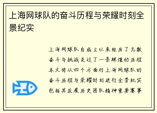 上海网球队的奋斗历程与荣耀时刻全景纪实