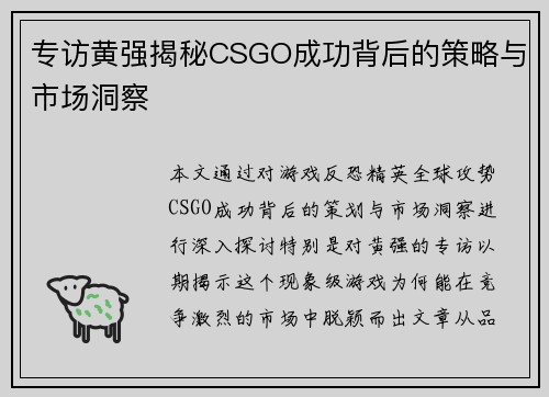 专访黄强揭秘CSGO成功背后的策略与市场洞察